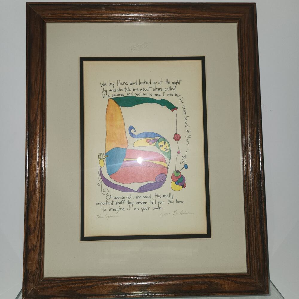 Story People Brian Andreas 'Blue Squares' Framed Signed 1993 Print  12.5x15.5